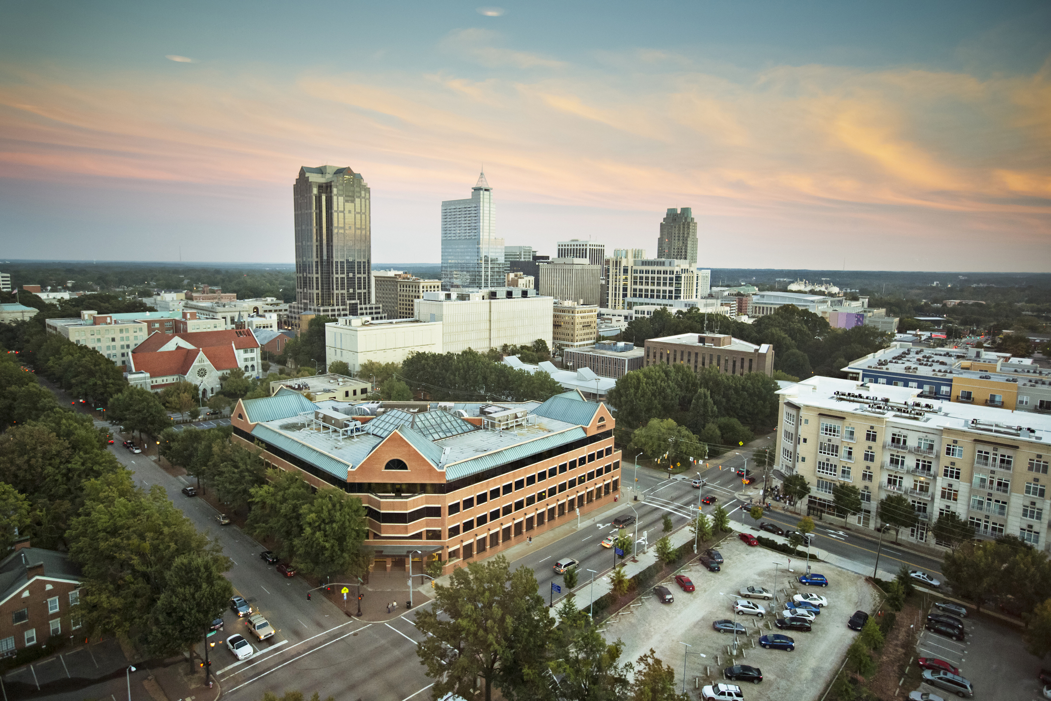 View from downtown Raleigh, North Carolina at dusk.