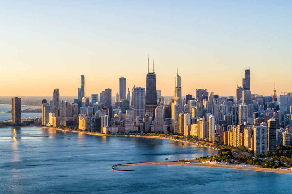 Aerial View of Chicago’s Lake Shore Drive at sunrise