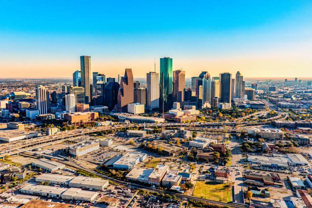 Aerial view of Downtown Houston, Texas near dusk