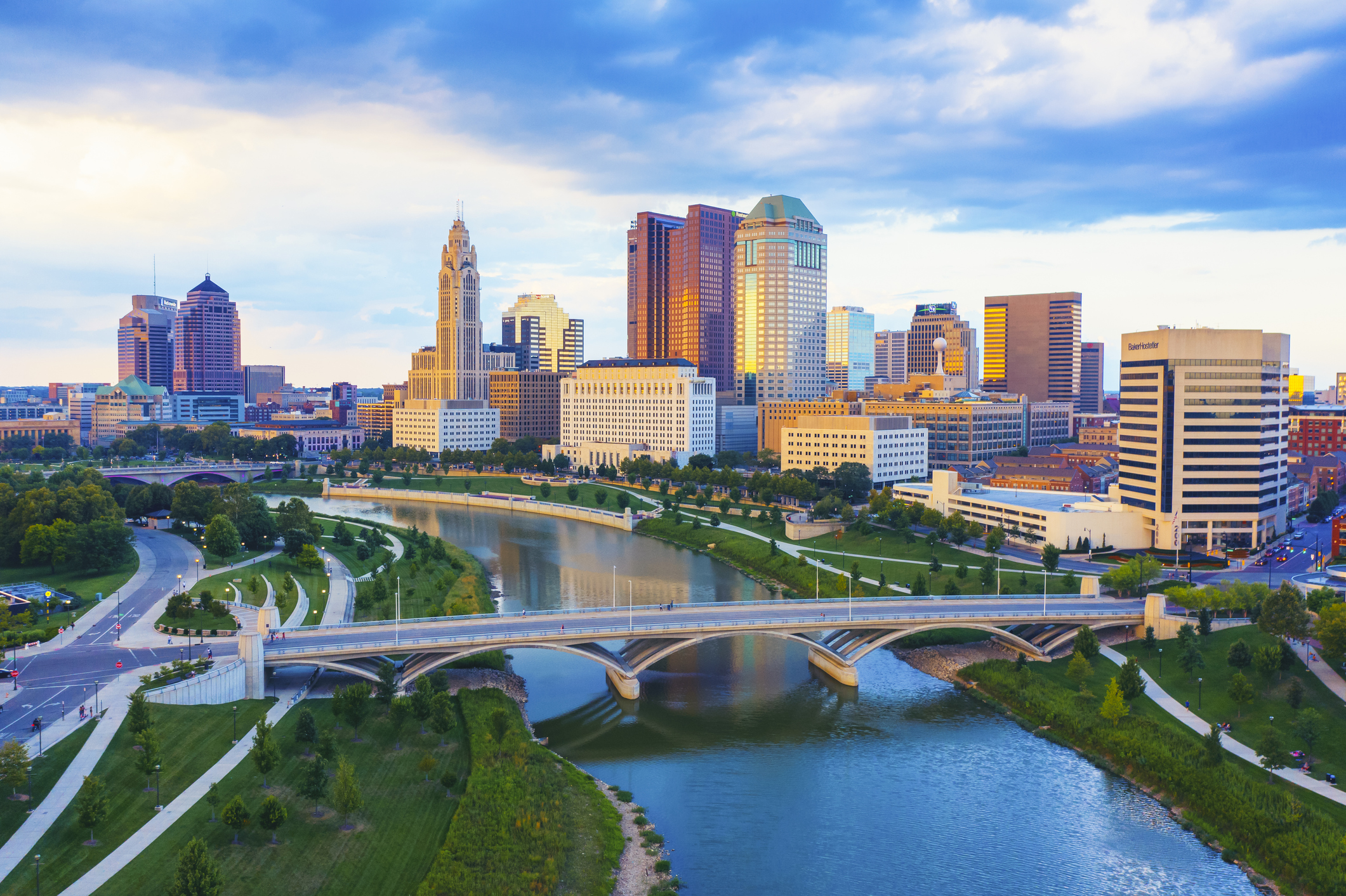 Aerial view of Downtown Columbus, Ohio and Scioto River