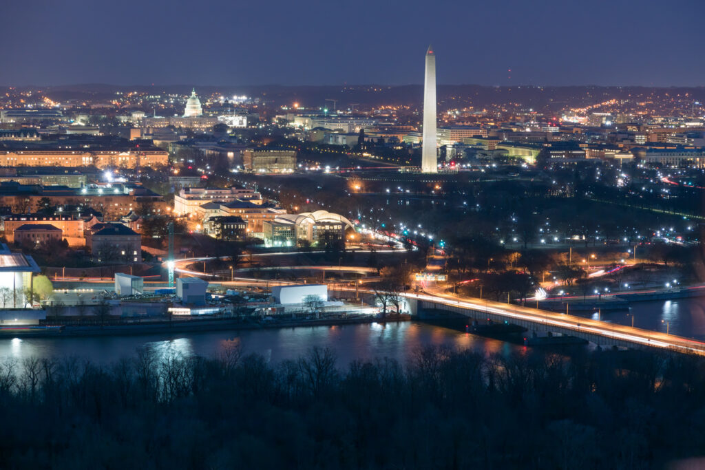 Aerial View of Washington DC at Night