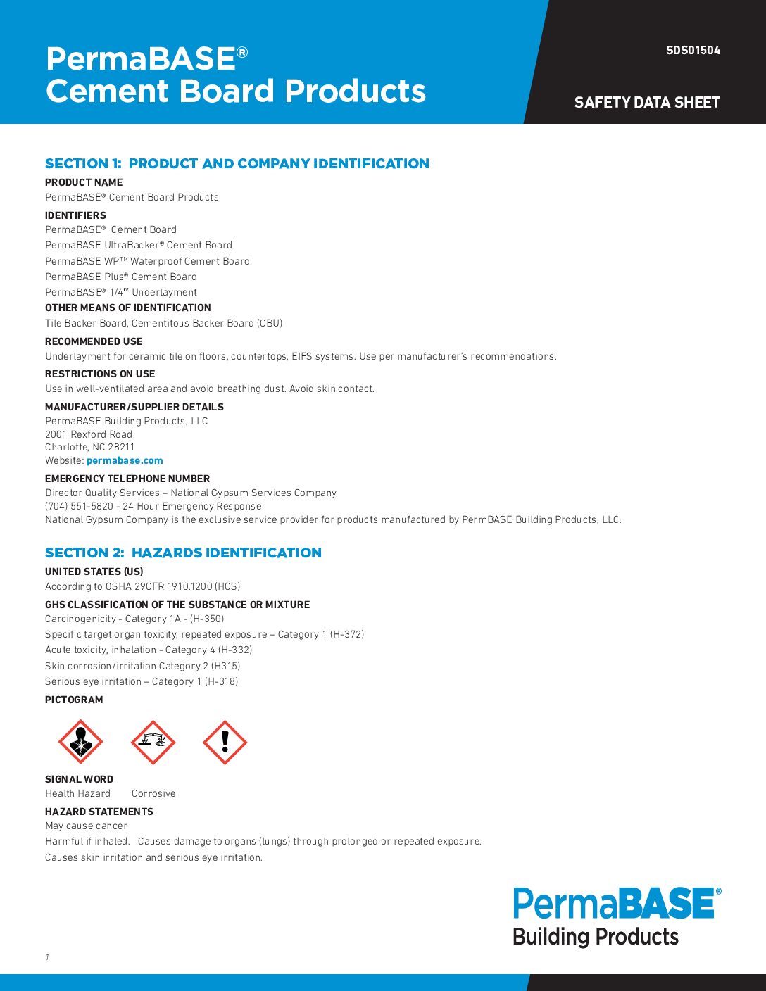 PermaBASE Cement Board Products Safety Data Sheet - Document Screen Grab