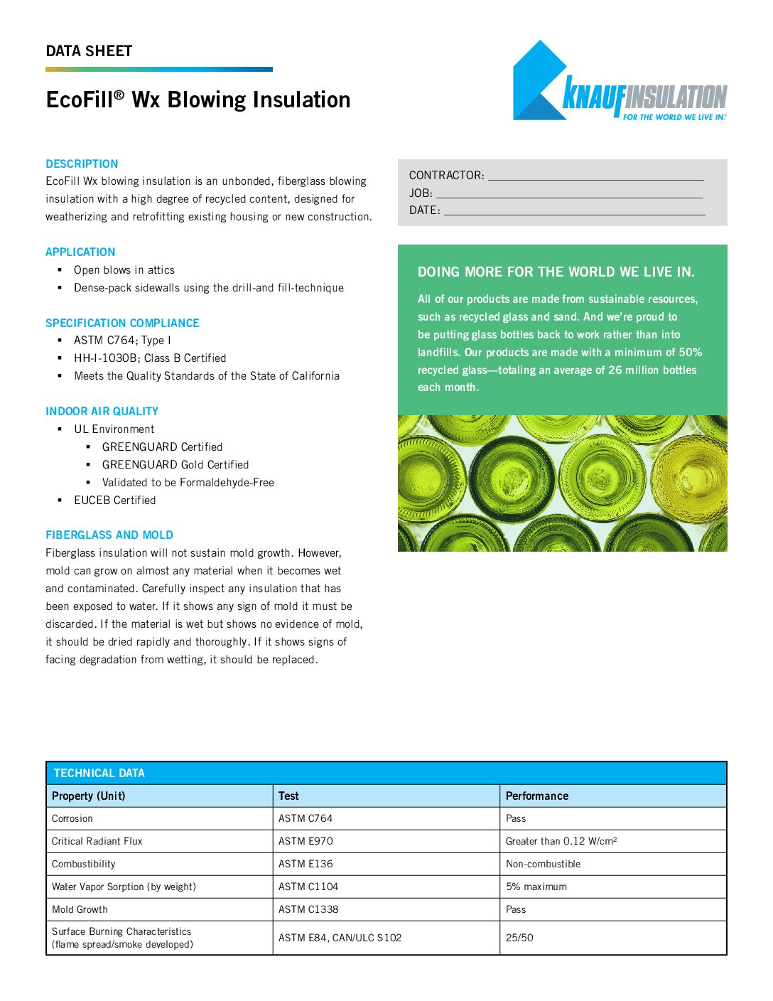 Knauf EcoFill® Wx Blowing Insulation Data Sheet - Document Screen Grab